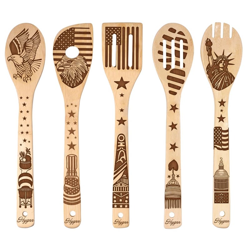 HYGNN Make American Great Again! American Flag Iconic Architecture Gift Idea Cooking Serving Utensils Natural Bamboo Kitchen House Warming Presents Slotted Wooden Spoons for Cooking Utensils Set of 5 - Image 1